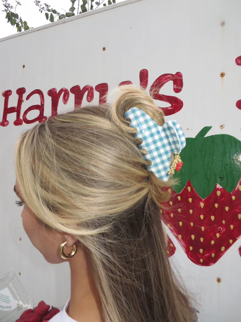 BLUE GINGHAM STRAWBERRY CHARM CLAW-MIDI - KAXI