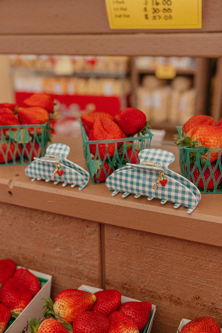 BLUE GINGHAM STRAWBERRY CHARM CLAW - KAXI