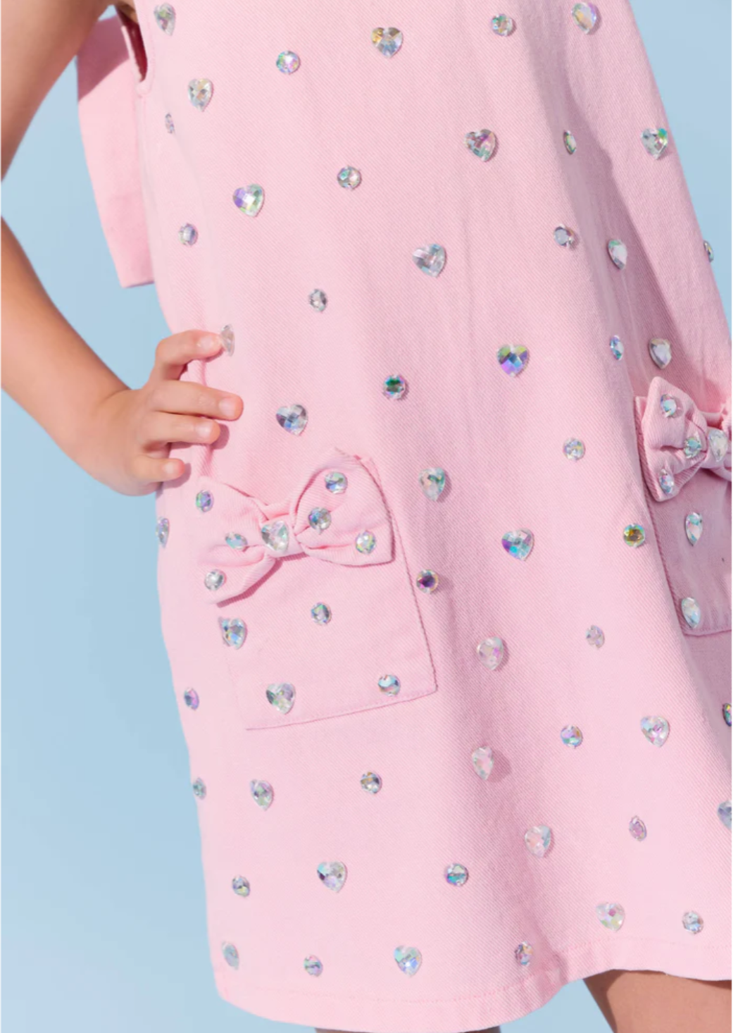 Pink Crystal Heart Denim Bow Dress - Lola and the Boys