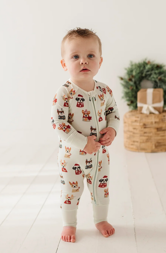Long Sleeve Zip Romper Christmas Dogs - Baby Sweet Pea's Boutique