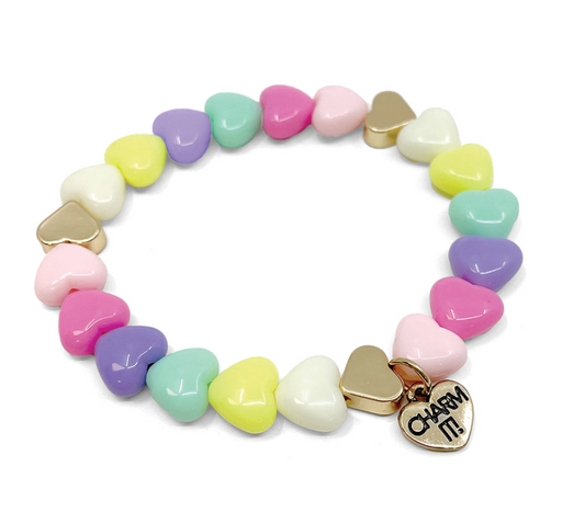 Gold Pastel Heart Stretch Bead Bracelet - Charm Its