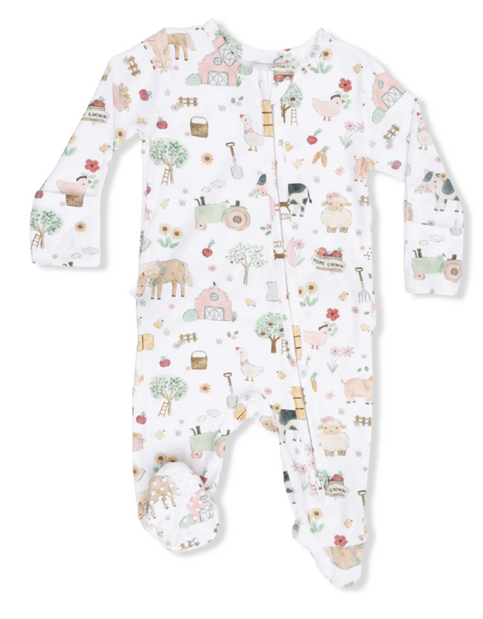 Cute Farm Animals Pink  2 Way Ruffle Back Zipper Footie - Angel Dear