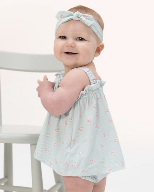 Top with Bows and Ruffle Leg Bloomer- Tiny Cherry Stripe